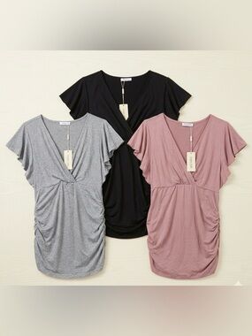 NWT Ekouaer Maternity Nursing Tops Set 3 Flutter Sleeve V Neck Black/Grey/Pink M